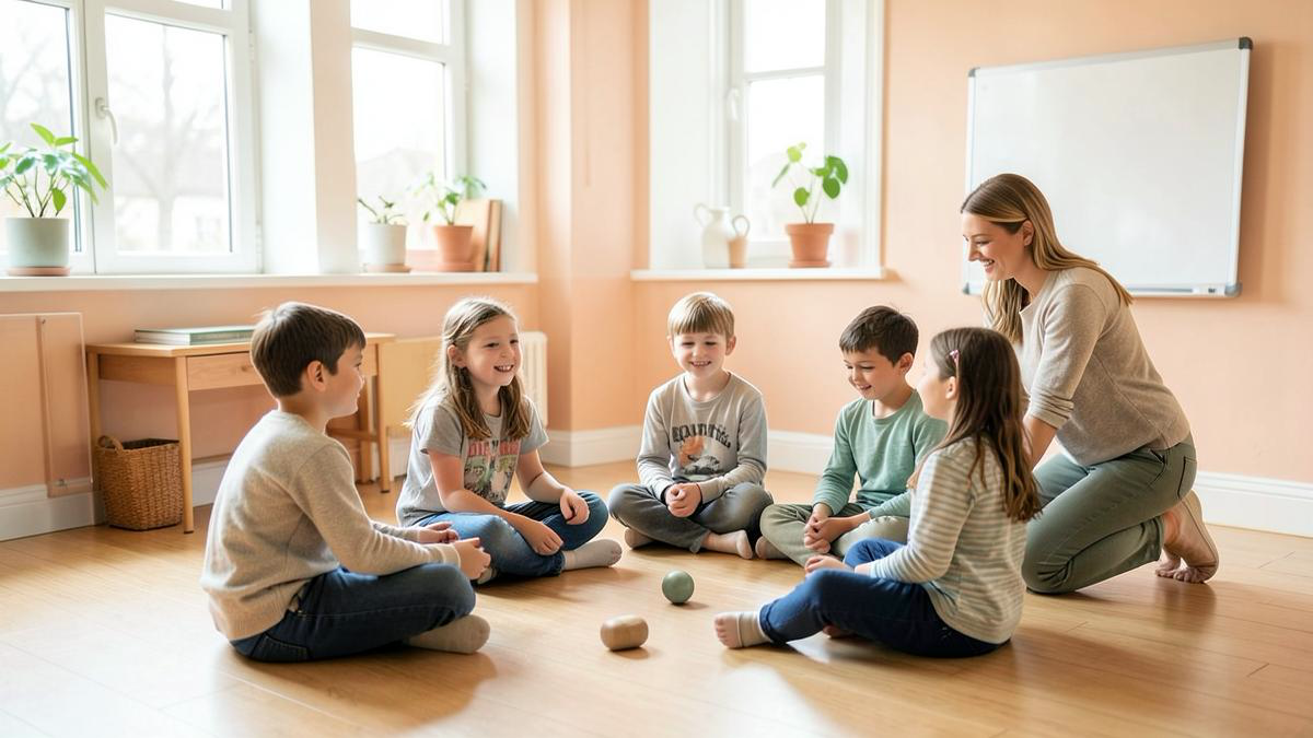 Elever sitter i ring på gulvet og gjør en bli kjent-lek sammen med læreren