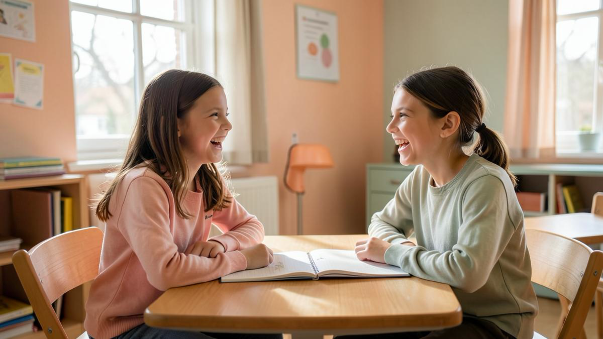 To elever sitter ved en pult og snakker sammen på første skoledag