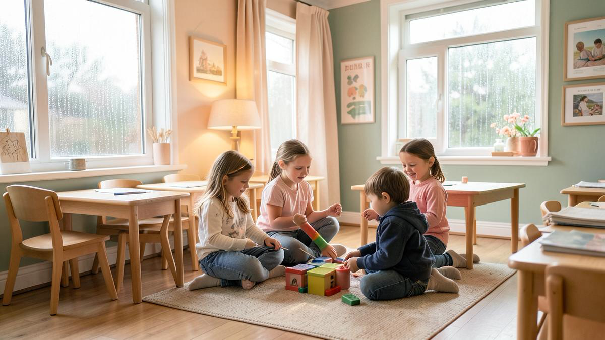 Elever leker inne på gulvet i klasserommet mens regnet slår mot vinduet