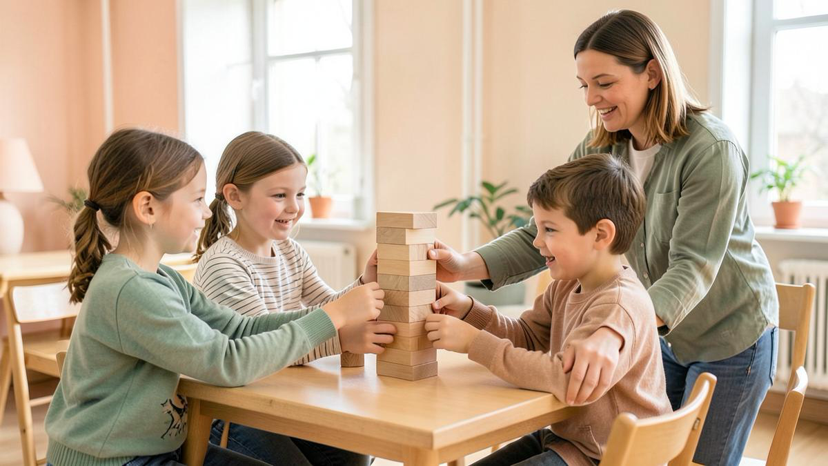 Elever samarbeider om å bygge et tårn av trekloss i klasserommet