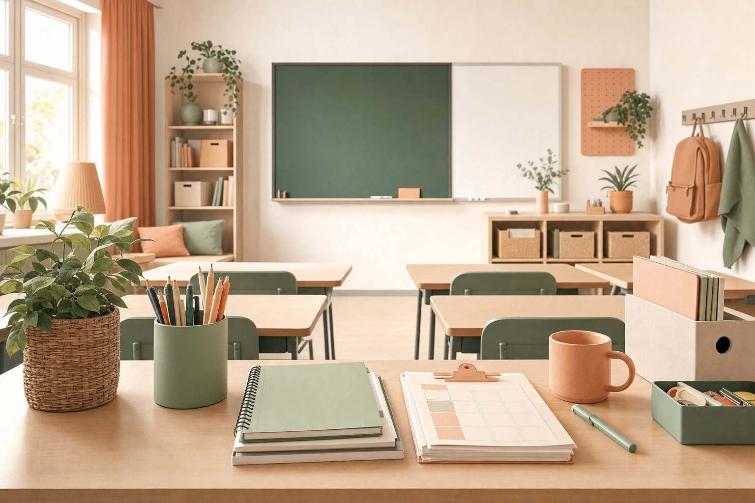 Klargjort klasserom med undervisningsmateriell til en vikartime